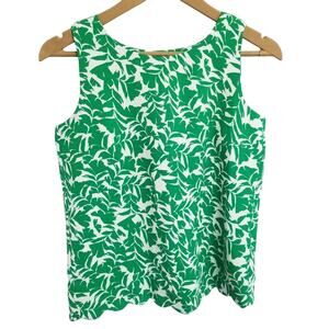 J. Crew Green  White Leaf Pattern Scallop Hem   Lined Drape Split Back Top XXS